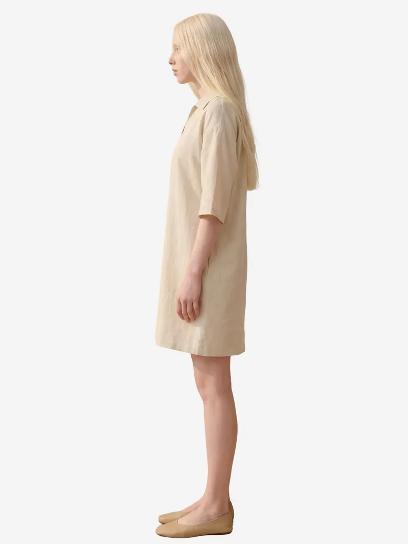 MY FASHION Beige Natural MY FASHION Polo Collar Mini Dress with Three Quarter Sleeves for Women | Best Price UAE